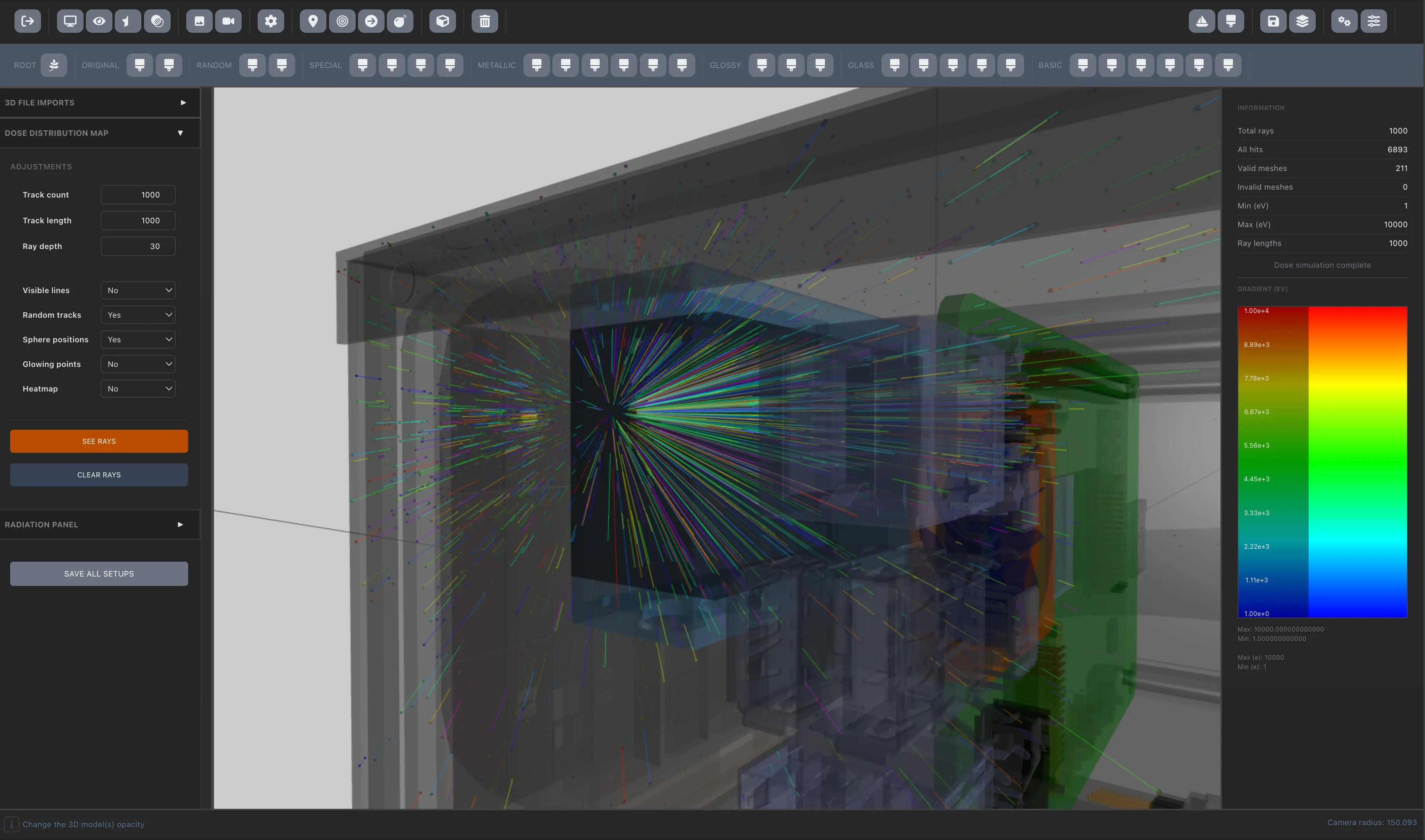 Radiation ray tracing visualization with spacecraft CAD model